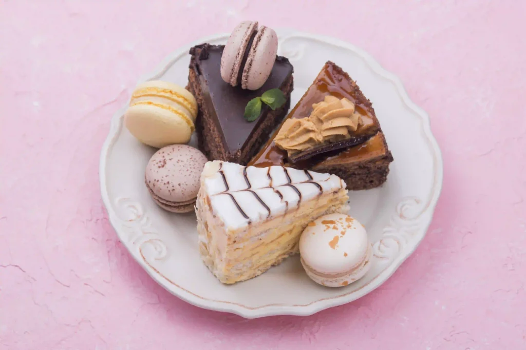 cakes macarons plate with mint